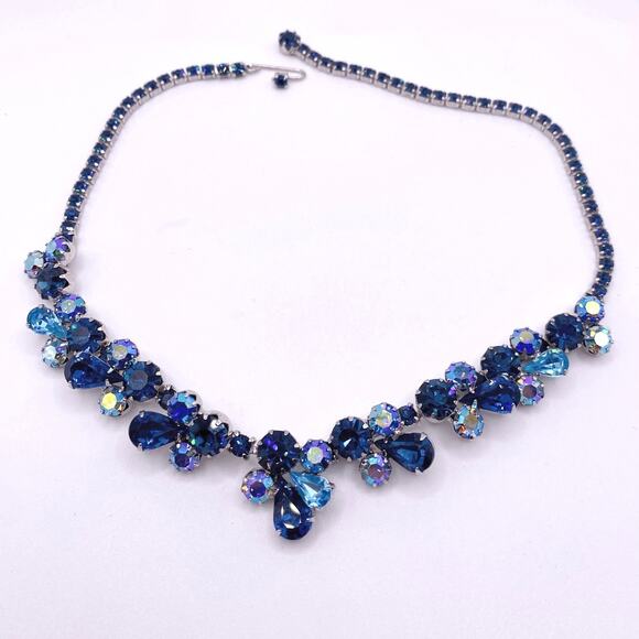 Weiss Stunning Vintage AB Royal Blue Rhinestones Necklace 16” - Picture 7 of 7